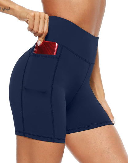 AFITNE Women'S High Waist Biker Shorts with Pockets, Tummy Control Athletic Workout Running Yoga Shorts